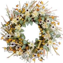 idyllic 20 Inches Autumn Front Door Wreath, Yellow and White Daisies Flowers, Ear of Wheat, Green and Fall Leaves Wreath for Front Door