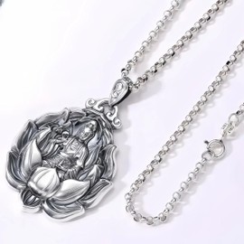 [HannaFires] Silver Guanyin Necklace - Buddhist Feng Shui Pendant for Protection and Peace, Bodhisatva Amulet Jewelry for Men and Women