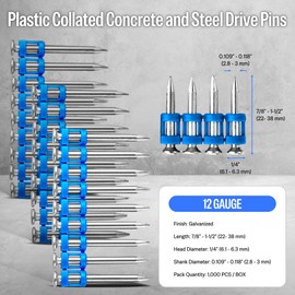 meite 12 Gauge Plastic Collated Concrete Nails Drive Pins, 1-1/4" Length .118" Smooth Shank, Mechanical Galvanized Gas Pipe Fastening Nails for Drywall Track Steel-to-Concrete Framing 1,000 PCS