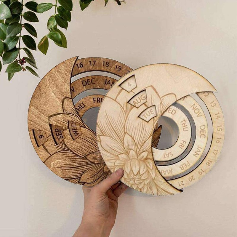 Wooden Wall Calendar Wall Mounted Rotatable Perpetual Calendar Adjustable Round