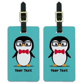 Custom Cute Nerdy Penguin with Glasses Luggage ID Tags Cards Set of 2