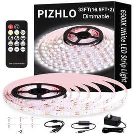 PIZHLO White LED Strip Lights, Upgraded 33ft Dimmable Light Strip with Remote 6500K Bright White Light, 600 LEDs Flexible Lights with Strong Adhesive for Bedroom, Mirror, Kitchen Under Cabinet Decor