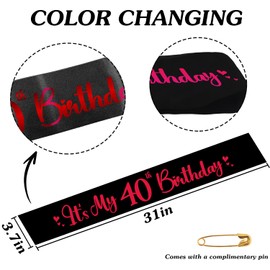LHPYQ Color Changing It's My 40th Sash - Red to Pink 40th Birthday Satin Sash for Women Men - Celebration Forty Years Old Party Gifts - Happy Birthday Party Decorations Accessories
