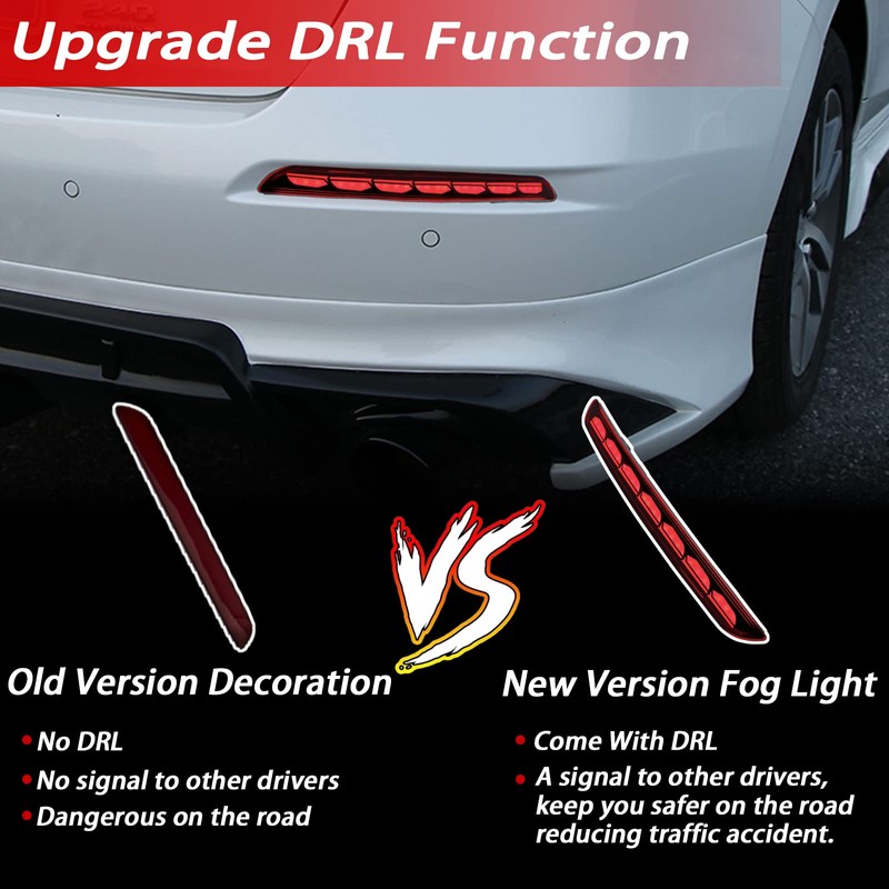 BINQIGOO Red Housing Full LED Rear Reflector Fog Bumper DRL