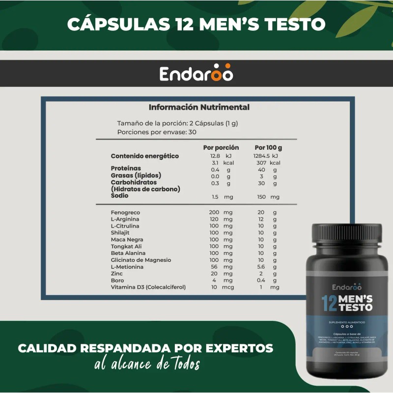 Suplemento Testosterona Hombre Endaroo Ingredientes Activos Cápsulas