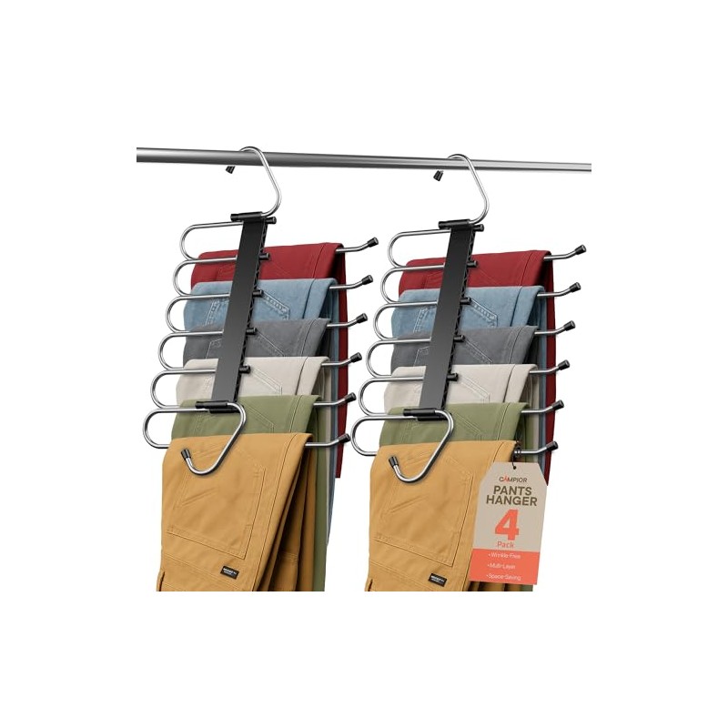Black Space Saving Pants Hangers 4 Pack, 6 Layer Jeans