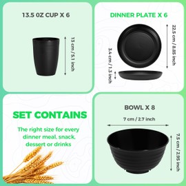 Klickpick Home 18 Pieces wheatstraw Dinnerware Set with 6 Each of Dinner Plates Cereal Salad Bowls Cups Unbreakable Modern Dinner Set for Microwave Dishwasher Safe Reusable Black