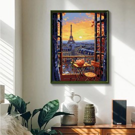 JUJUHOOD Romantic View Paris from Window Paint by Numbers Kit for Adults,Eiffel Tower Adult Paint by Number Kits,DIY Acrylic Paint by Number on Canvas for Home Wall Decor 16X20 Inch
