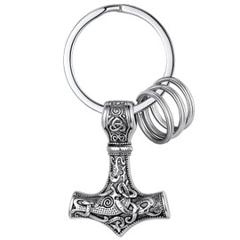 FaithHeart Keyring for Men Women Stainless Steel Irregular/Shield Shaped Saint Michael Keychain Viking Thor's Hammer Keyring for Men and Women, A Silver Mjölnir