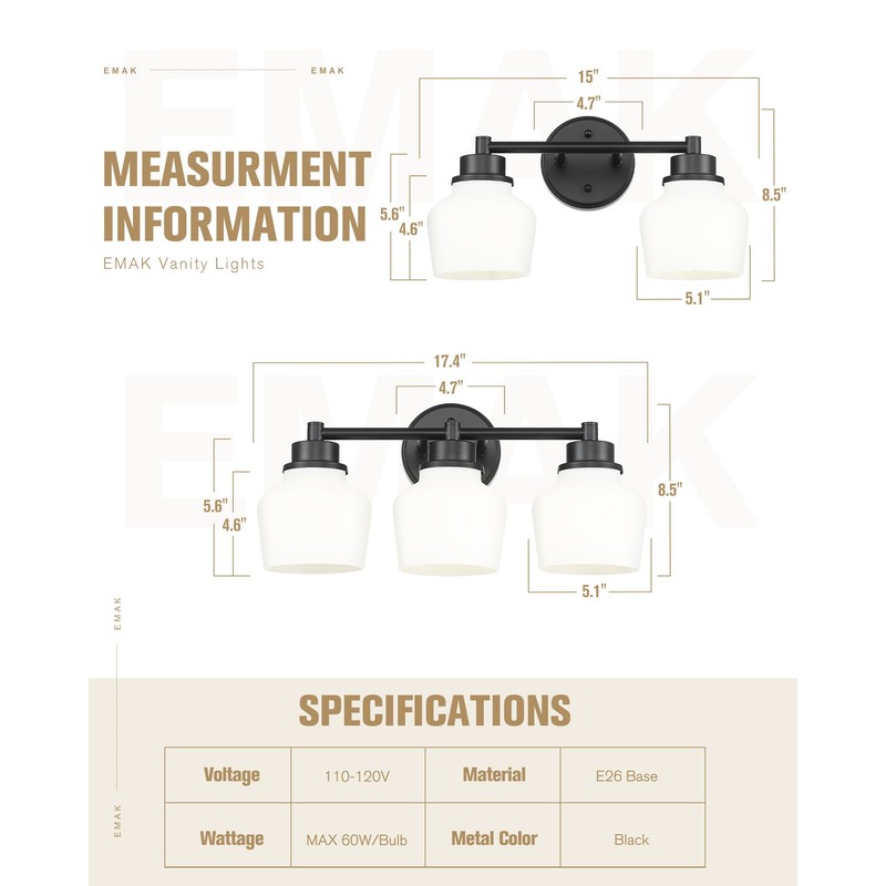 Emak 2-Light Vanity Light, Modern Farmhouse Black Bathroom Fixture Over