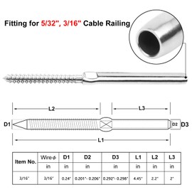 BLIKA 60 Pack 3/16" Swage Lag Screws Left & Right, T316 Stainless Steel Deck Cable Railing Hardware, 3/16" Handed Thread Swage Lag Screws for Wood Posts(30 Pairs)