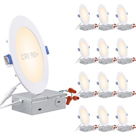 TORCHSTAR Basic Series 12-Pack 6 Inch Ultra-Thin LED Recessed Lighting with Junction Box, CRI90, Aluminum, 3000K Warm White, 5%-100% Dimmable Slim Recessed Downlight, 12W 1100LM, ETL and Energy Star