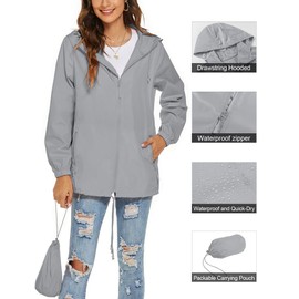 Avoogue Women Casual Raincoats Active Hooded Rainproof Jacket Packable Rain Jacket Outdoor Grey 3XL