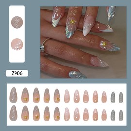 24Pcs Summer Press on Nails Medium Almond French Tip Fake Nails 3D Starfish Pearl Rhinestones Glitter Design Full Cover Stick on Nails Beach False Nails for Women Girls Acrylic Manicure Decorations
