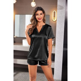 Ekouaer Silk Pajamas for Women Short Sleeve Sleepwear Two-piece Pjs Set Soft V Neck Loungewear Tops with Pj Shorts Black Large