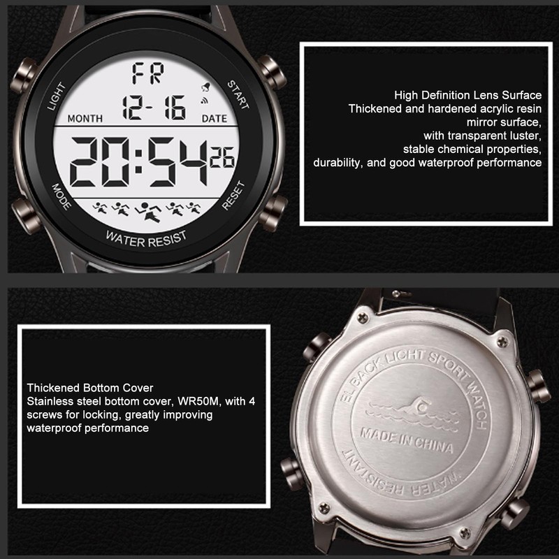 Digital Chronograph Watch WR50M Waterproof Luminous Large Screen Outdoor Sports