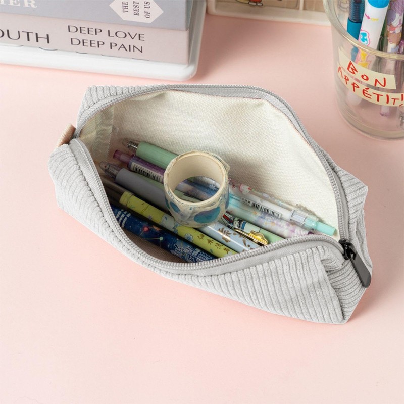 1 White Corduroy Pencil Case, Retro Pencil Case Made of