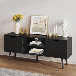 ALINE FURNITURE Black TV Stand - Wood TV Console Cabinet for 50 55 60 Inch TVs - Media Entertainment Center with Storage or Living Room, Bedroom/Mueble para TV Negra