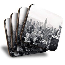 Destination Vinyl ltd Great Coasters (Set of 4) Square - Black & White New York City Aerial View Drink Glossy Coasters/Tabletop Protection for Any Table Type #44290