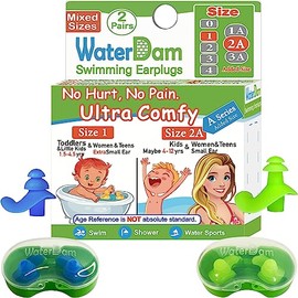 WaterDam Serie A Tapones para los oídos de natación, impermeables, ultra cómodos, para evitar los oídos del nadador (Talla 1+2A: Small Ear Women Teens Kids (Blue Green))