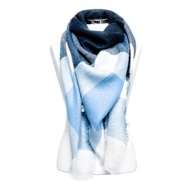 Autiga Large Women's Knitted Scarf Checked XXL Wool Scarf Oversized Winter Scarf Blanket Scarf Square, blue