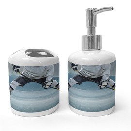 Ambesonne Sports Soap Dispenser & Toothbrush Holder Set, Ice Hockey Player with Stick and Puck Mountain Background Canadian, Ceramic Bathroom Toiletry Accessories, 2 Pcs, Charcoal Grey White