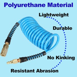 Keepro Durable Polyurethane Recoil Air Hose, 1/4 Inch ID By 10 Feet Long Air Compressor Hose with Repairable Solid Brass 1/4" Industrial Quick Coupler and Plug, 145 PSI Maximum Pressure, Blue
