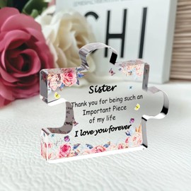 Sister Gift Puzzle-Shaped Acrylic Stand, with Warm-Hearted Phrases， Perfect for Christmas/Birthday Gift from Sibling,Sister Keepsake Decor for Bedroom or Office 4.9x3.9x0.6 inches