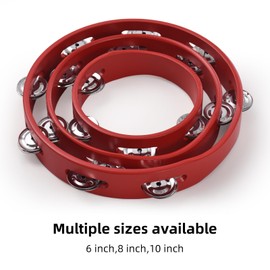 HXYIG 10-inch Tambourine for Adults Pleasant Jingle Sound Red Hand Cranked Bell Rings Wooden Metal Bell Sound Percussion Instruments Home School Party Supplies Single Row Wooden Tambourine