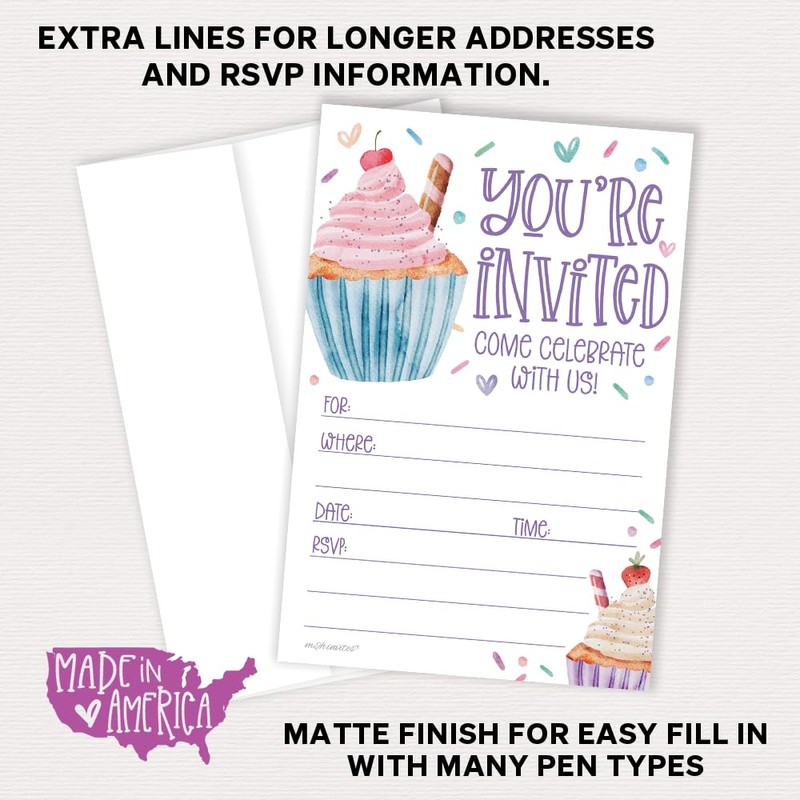 Cupcake Invitations Birthday (20 Count With Envelopes) - Watercolor Cupcakes