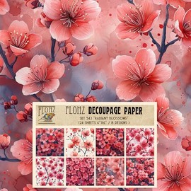 Decoupage Paper Pack (24 Sheets 6"x6") Radiant Blossoms: Vibrant Sakura Cherry Blossom Patterns in Shades of Pink and Red # Vintage Styled Paper for Craft and Scrapbooking