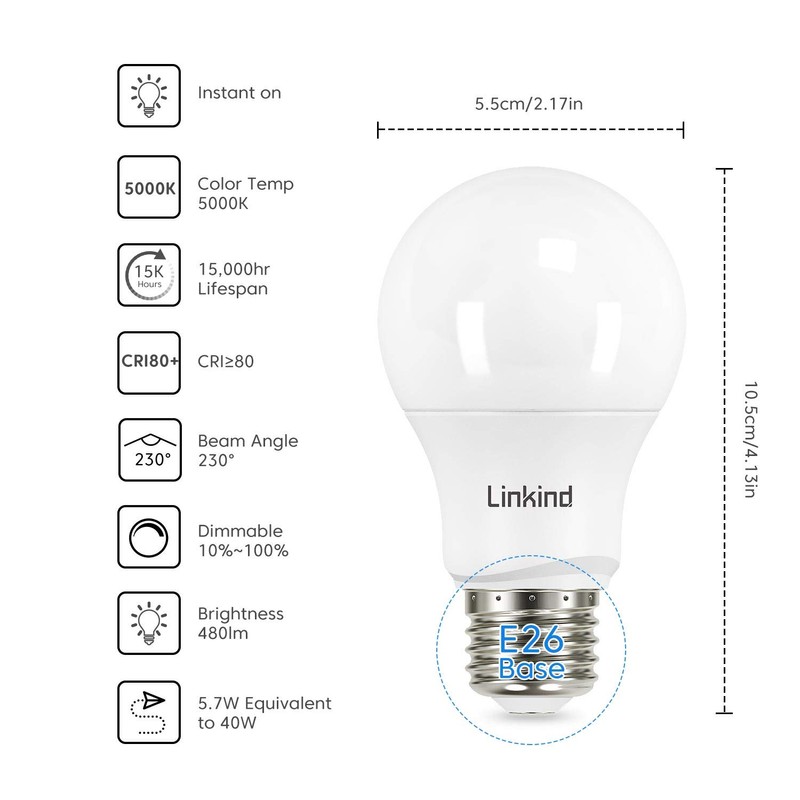 Linkind Dimmable A19 LED Light Bulbs, 40W Equivalent, E26 Base,