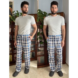 Ekouaer Men's 2 Pack Long Pajama Bottoms 2-Piece Lounge Pants Set Soft and Warm Checked Pants for Men Blue White + Black White Checked L