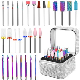 Cellentool 30Pcs Nail Drill Bits Set with Rhinestone Storage Box, 3/32 Inch Ceramic Diamond Carbide Nail Drill Bits for Acrylic Nails Gel Polish, Cuticle Efile Remover for Manicure
