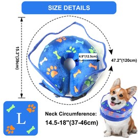 KIKNIN Dog Cone, Inflatable Dog Collar for Small, Medium and Large Dogs, Soft Recovery Pet Cone After Surgery with Adjustable Buckle and Cute Pattern to Stop Licking and Biting Wounds (Blue, Large)
