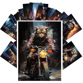 PIXILUV Vintage Postcards (24 pcs 4"x6" each) Intimidating Biker Cats in the City at Night Cyberpunk Steampunk Postcards Retro Greeting Card Book Illustration Reprint