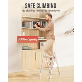 WOA WOA 3 Step Ladder, Folding Stepladder with Anti-Slip Pedal, Lightweight Portable Ladders, Aluminum Step Stool for Home, Kitchen, Office 300lbs - White