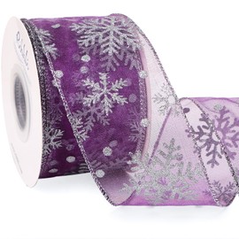 Ribbli Christmas Snowflake Glitter Wired Organza Sheer Ribbon, 2-1/2 Inch x 20 Yards Purple with Silver Glitter Snowflake Pattern for Tree Decoration