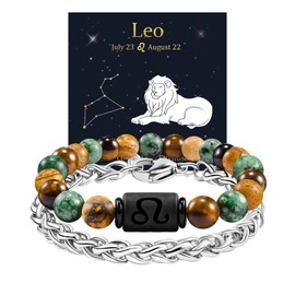 FANCIBAND Graduation Gifts For Him 2025 Leo Zodiac Signs Spirit Bracelet For Men 2PCS Nature Stone Beaded Stainless Steel Bracelets Boyfriend Brother Son Husband Birthday Gift ideas