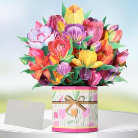 Tidponra Pop Up Card Women, 3D Flower Birthday Cards Popup Tulips Bouquet Get Well Soon Cards with Envelope and Note Card for Mother's Day, Anniversary, Birthday, Home Decor