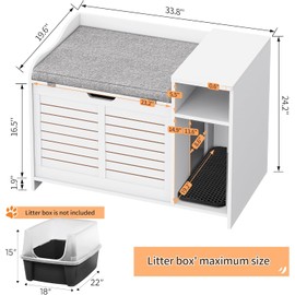 GAOMON Cat Litter Box Enclosure, Large Hidden Litter Box Furniture with Top Opening, Cushion, Storage Shelf, Litter Mat, Wooden Pet House End Table for Cats - White