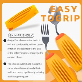 Ehucon Thick Solid Weighted Adaptive Utensils Set, Non-slip Handle Eating Spoon and Fork for Hand Tremors, Arthritis, Parkinsons, Elderly, Adults Use (Orange and Yellow, Left Hand Spoon and Fork)