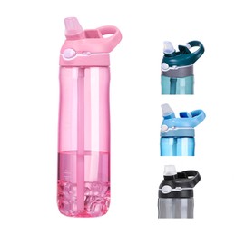 Generic SHELFLOVER Pink Water Bottle With Narrow Straw, BPA FREE Clear Bottles With Handle One Hand Use Easy Carried, Flip Up, Suit School, Office, Gym, Office For Women 24oz (750ml)