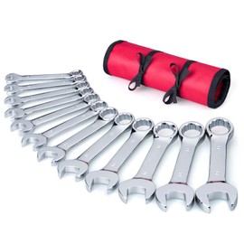 EFFICERE Juego de llaves combinadas de alta calidad con bolsa enrollable, 12 piezas, métricas, de 8 mm a 19 mm, tamaño sin saltar, acero Cr-V, acabado pulido espejo, longitud corta y cuerpo delgado