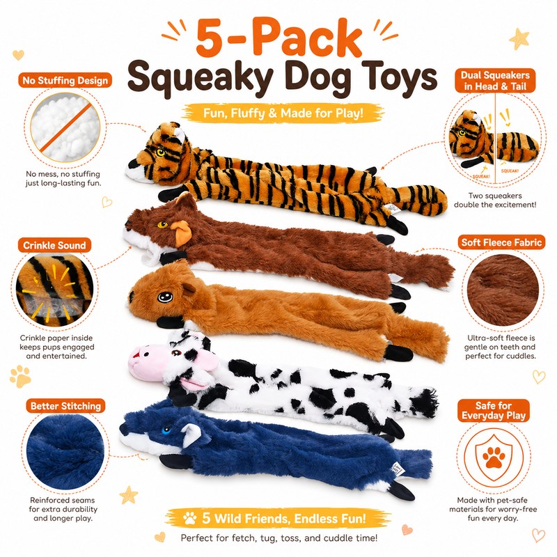 5 pieces No-Stuffing Dog Squeaky Toy for Interactive Play –