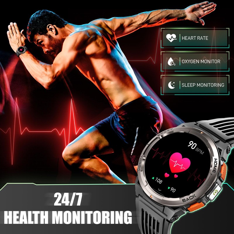 Men's Military Smartwatch with LED Torch Phone Function, 1.45 Inch
