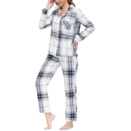 JINSHI Women Loungewear Pajama Set 2 Piece Home Sleepwear Lounge Bottom Button-Down Pj Set Plaid-54 2XL
