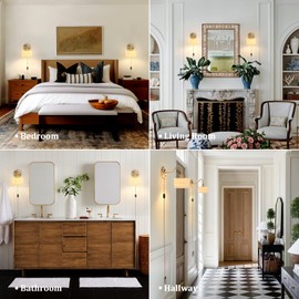 Shenmoyl Plug in Wall Sconce Set of 2, Gold Vintage Wall Decor Lights with White Ripple Glass Shade, Indoor Brass Corded Wall Lamp Fixture for Bedroom Living Room Bathroom Hallway