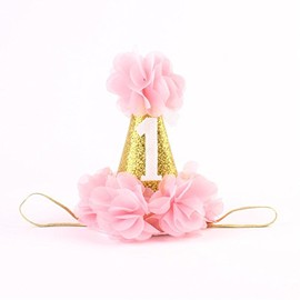 Stock Show 1st Pet Birthday Cone Hat Dogs Cats Holiday Party Hat Headwear Costume with Flowers Accessories and Adjustable Headband for Small Medium Dogs Cats Pets Baby (Pink)