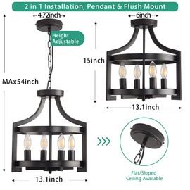 AOLALA Farmhouse Chandelier Rustic Black Hanging Pendant Light Fixture, Adjustable Metal Flush Mount Ceiling Light for Kitchen Island, Dining Room, Living Room, Bedroom, Foyer, Entry